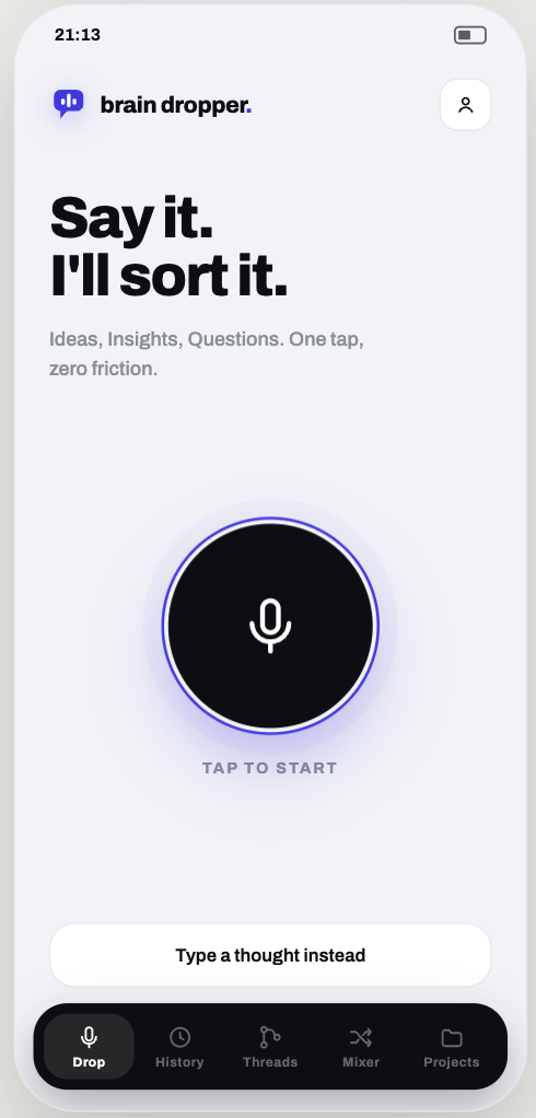 Voice Drop home screen with tap to record