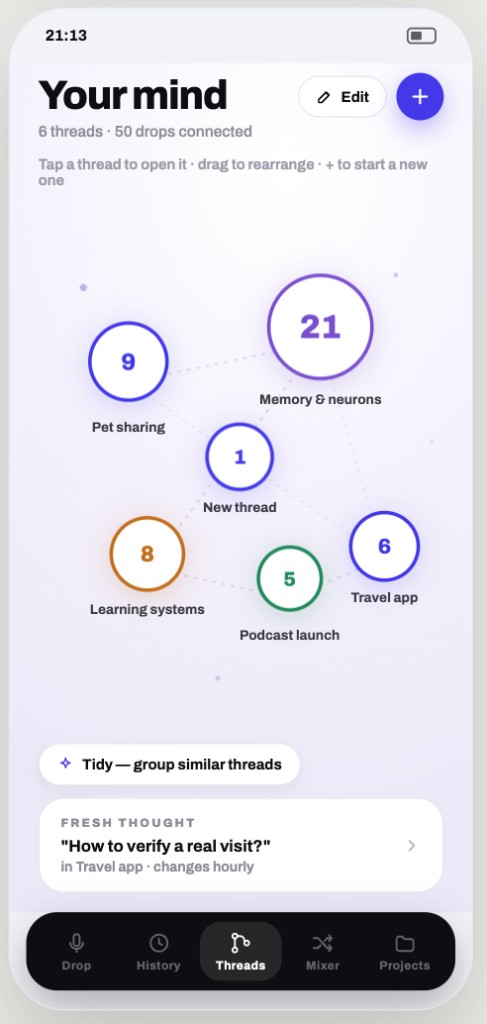 Voice Drop threads view with connected ideas